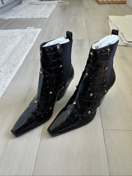 Vince Camuto Shoes - Black Studded Croc-Embossed Ankle Boots - Women's